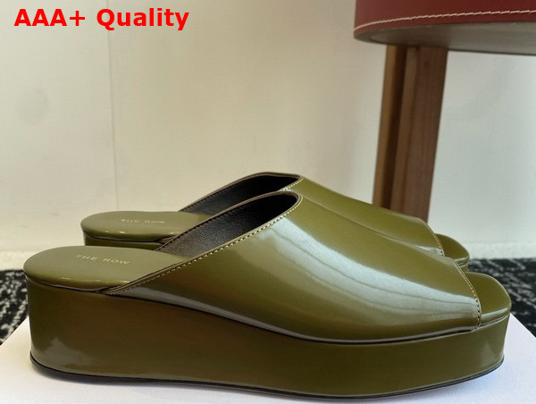 The Row Emi Flatform Sandal in Dark Green Polished Calfskin Leather Replica