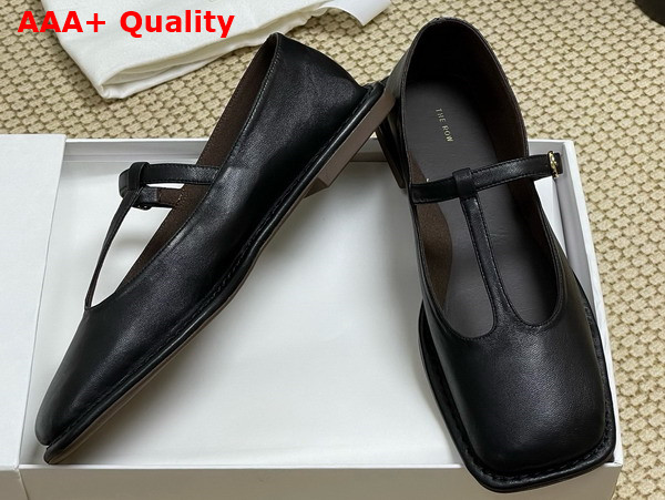 The Row Square T Strap Flat in Black Leather Replica