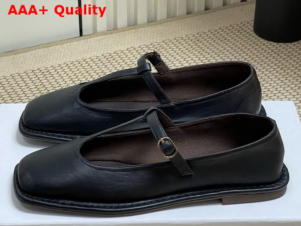 The Row Square T Strap Flat in Black Leather Replica