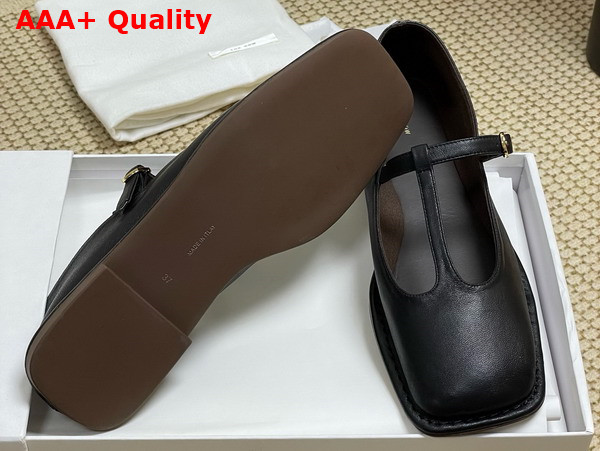 The Row Square T Strap Flat in Black Leather Replica
