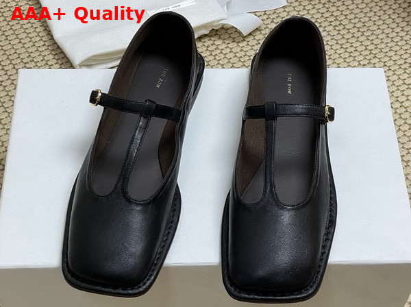 The Row Square T Strap Flat in Black Leather Replica