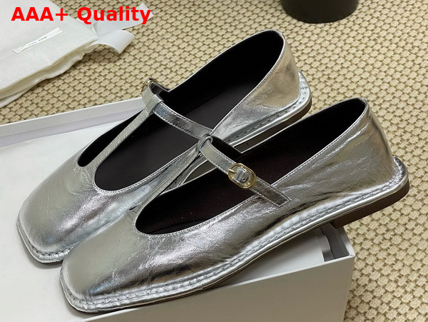 The Row Square T Strap Flat in Silver Leather Replica