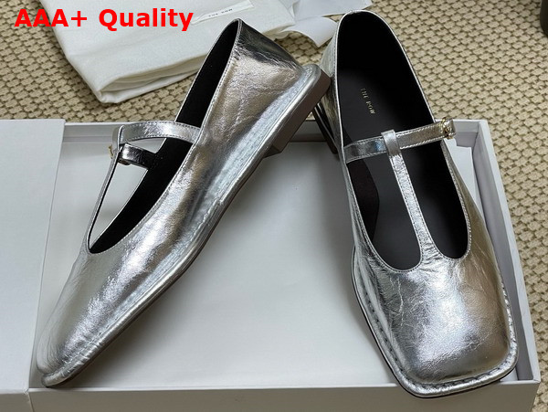 The Row Square T Strap Flat in Silver Leather Replica