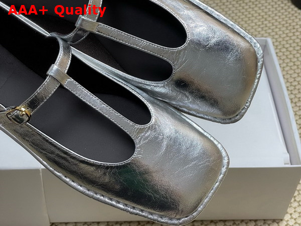 The Row Square T Strap Flat in Silver Leather Replica