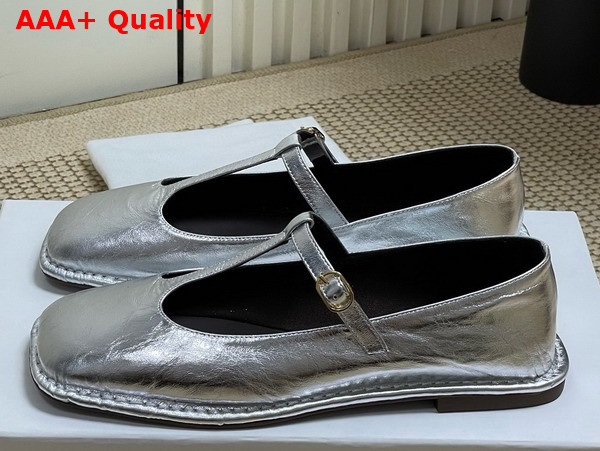 The Row Square T Strap Flat in Silver Leather Replica