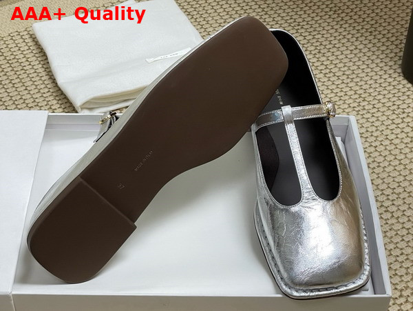 The Row Square T Strap Flat in Silver Leather Replica