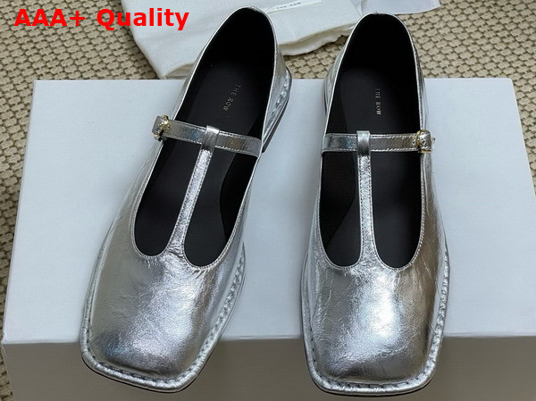 The Row Square T Strap Flat in Silver Leather Replica